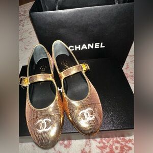 Chanel Gold Mary Jane Flats 36.5 RARE!! 25S BNIB